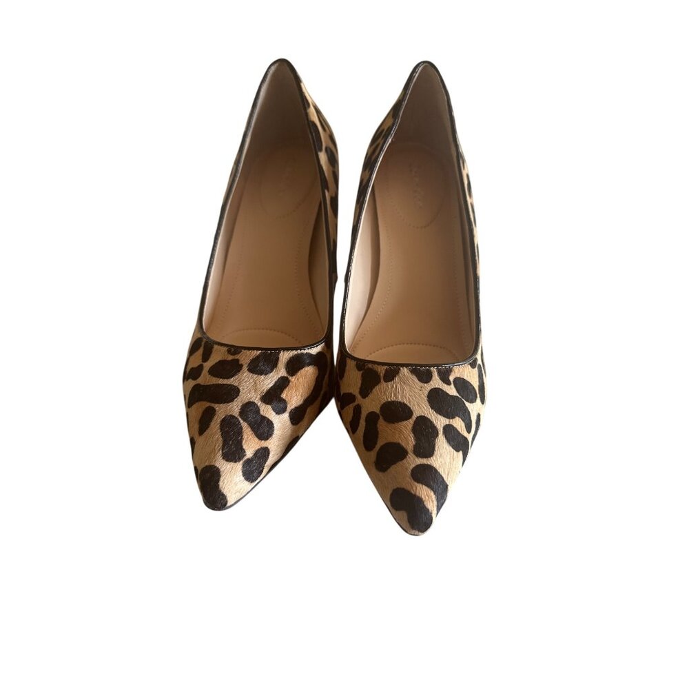 Calvin Klein Leopard Print Pumps 9M Calf Hair Upper Black Tan Pointed Toe Career